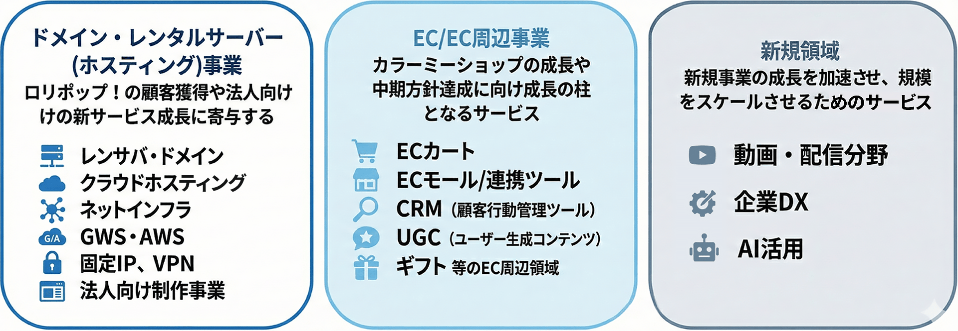 重点領域であるインフラ・EC・新規領域への展開を示している。インフラ領域ではドメイン・レンタルサーバー（ホスティング）事業、EC/EC周辺事業ではECカートやCRM、UGCなどを展開し、新規領域では動画・配信、企業DX、AI活用といった分野を対象としている。